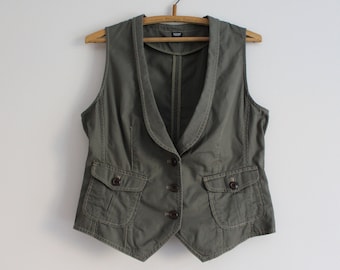 Khaki Vest Women's Waistcoat Collared Vest Fitted Vest Cotton Vest Gilet for Women XL Size