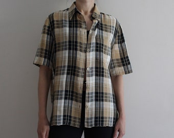 Checkered Beige Brown Black Shirt Linen Blend Shirt Plaid Shirt Short Sleeve Shirt Women's Shirt Summer Shirt Large Size