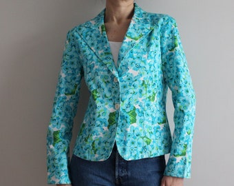 Floral Print Blazer Summer Jacket Cotton Blazer Bright Jacket Turquoise Blue White Jacket Collared Jacket Large Size