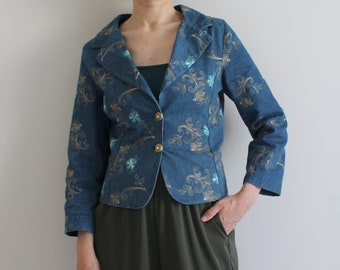 Denim Blazer Women's Jean Blazer Embroidered Denim Jacket Small Size