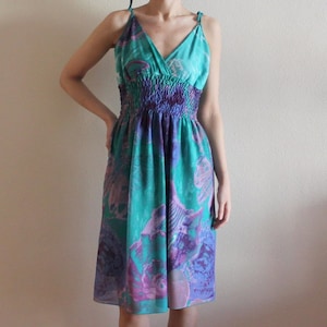 Teal Green Purple Dress Shell Print Summer Dress Open Back Spaghetti Straps Sleeveless Dress Midi Dress