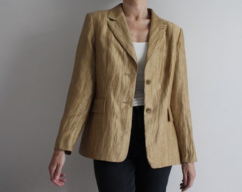 Crinkled Linen Blazer Women's Linen Jacket Textured Jacket Collared Blazer Glossy Gold Bronze Jacket Padded Shoulder Large Size