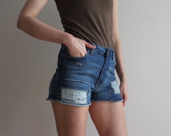Short en jean pour femme Short en jean patchwork Short en jean bleu extensible taille moyenne