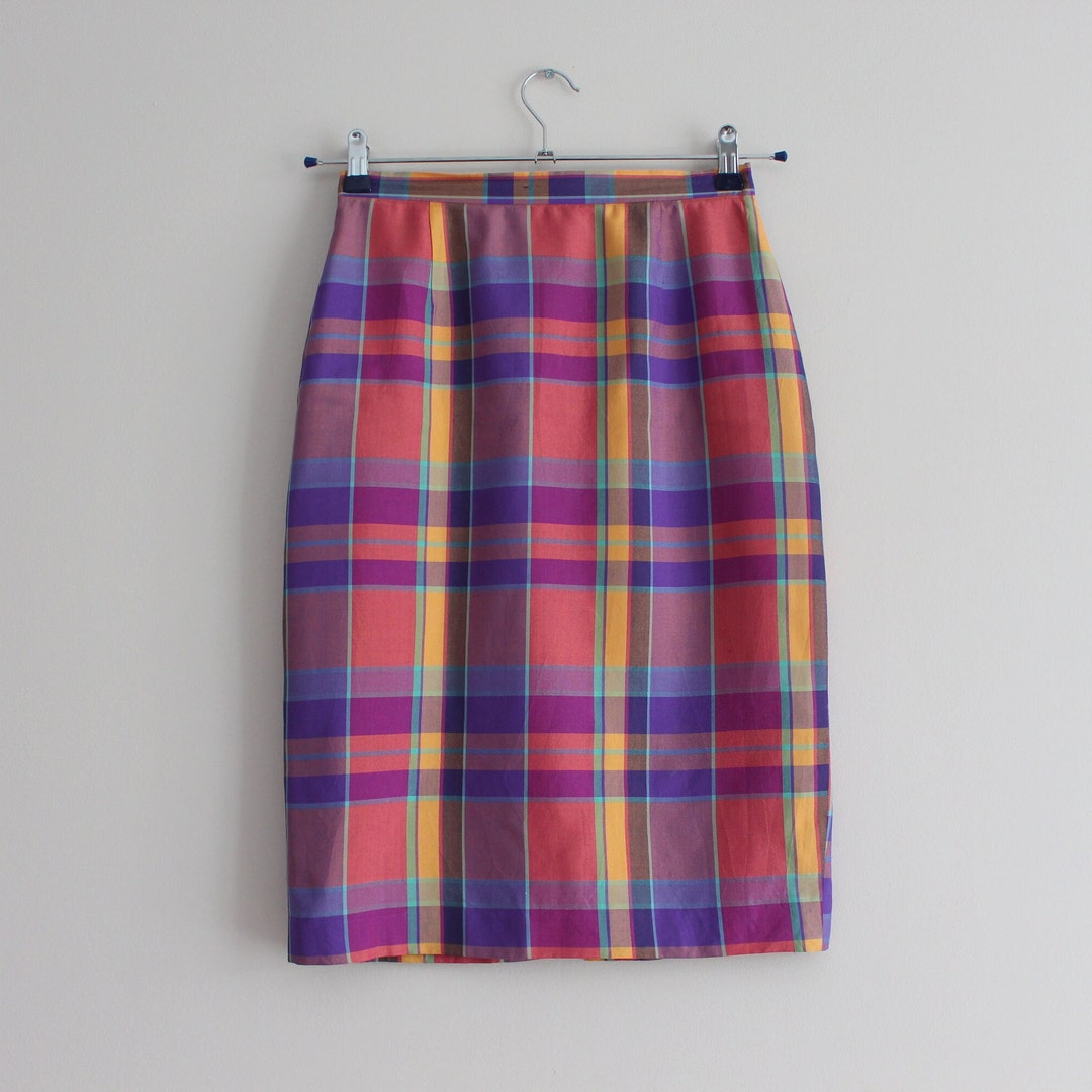 Gonna in seta Gonna scozzese viola arancione verde giallo Gonna a