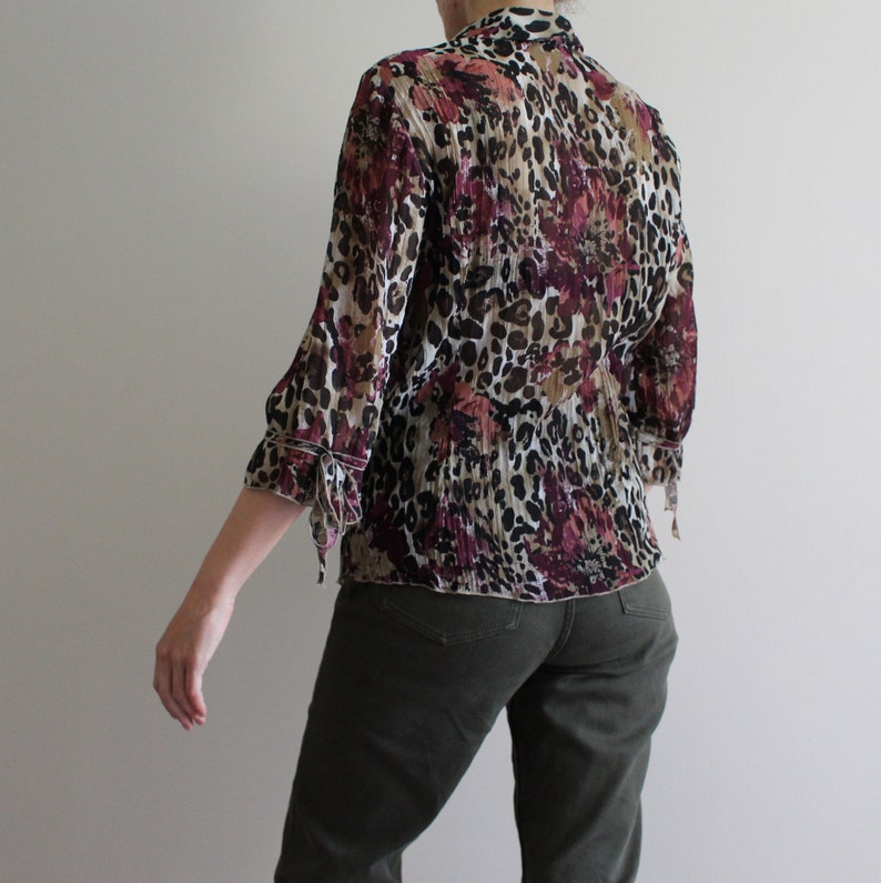 Leopard Print Blouse Womens Sheer Blouse Mixed Animal Print Floral Print Blouse See Through Crinkled Top Collared 34 Bell Sleeves Button Up