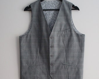 Grey Vest Checkered Men's Grey Vest Plaid Waistcoat Grey Mens Waistcoat Formal Vest Fitted Vest Steampunk