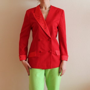 Helle rote Blazer Damen Vintage Jacke 80er Jahre 90er Jahre Blazer Doppel brustige Blazer rote Jacke mit Steinen asymmetrischen Kragen