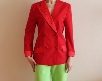 Bright Red Blazer Women's Vintage Jacket 80s 90s Blazer Double Breasted Blazer Red Jacket with Stones Asymmetrical Collar