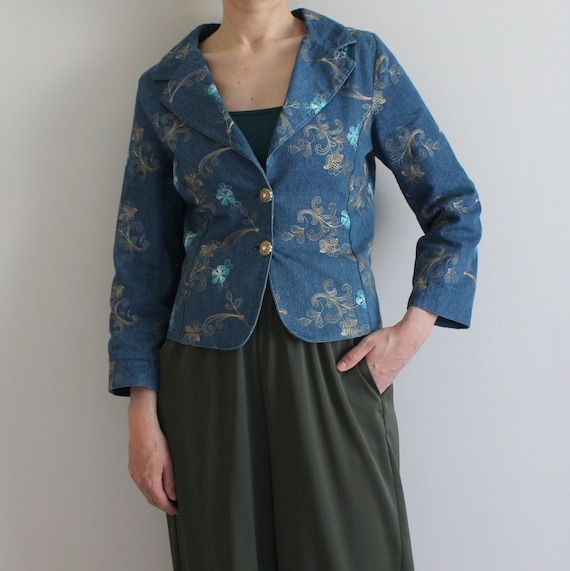 Denim Blazer Women's Jean Blazer Embroidered Denim Jacket Small Size