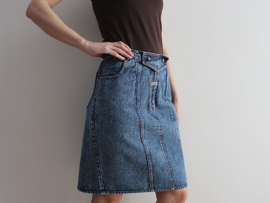 Vintage Blue Denim Acid Wash Skirt Women's High Waisted Jean Knee Length Pencil Skirt Grunge Punk 90s Skirt