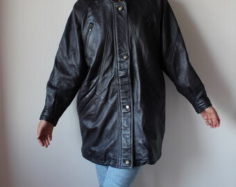 Dark Purple Leather Jacket Vintage 90s Leather Coat Women's Leather Coat Real Leather Jacket Oversize Leather Jacket Padded Shoulder Medium