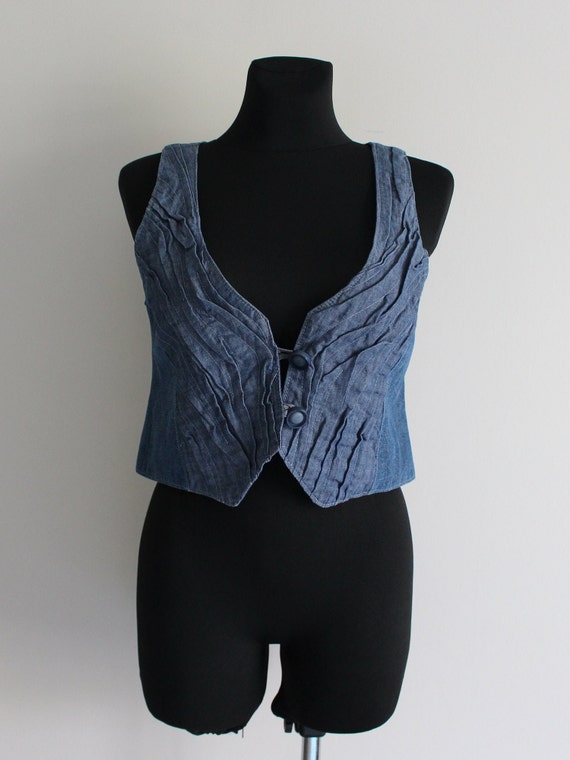 Blue Denim Vest Women's Denim Top  Crinkled Jean … - image 2