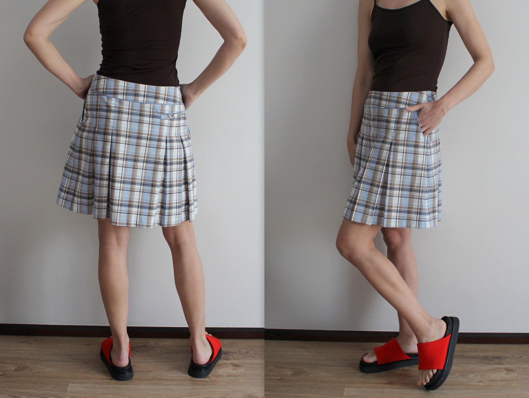 Plaid Skirt Pleated Skirt Checkered Blue Brown White Skirt Mini
