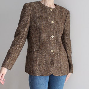 Brown Blazer Women's Tweed Jacket Wool Blend Vintage 90s Blazer Retro Jacket Textured Jacket Chanel Style Classic Jacket Large Size