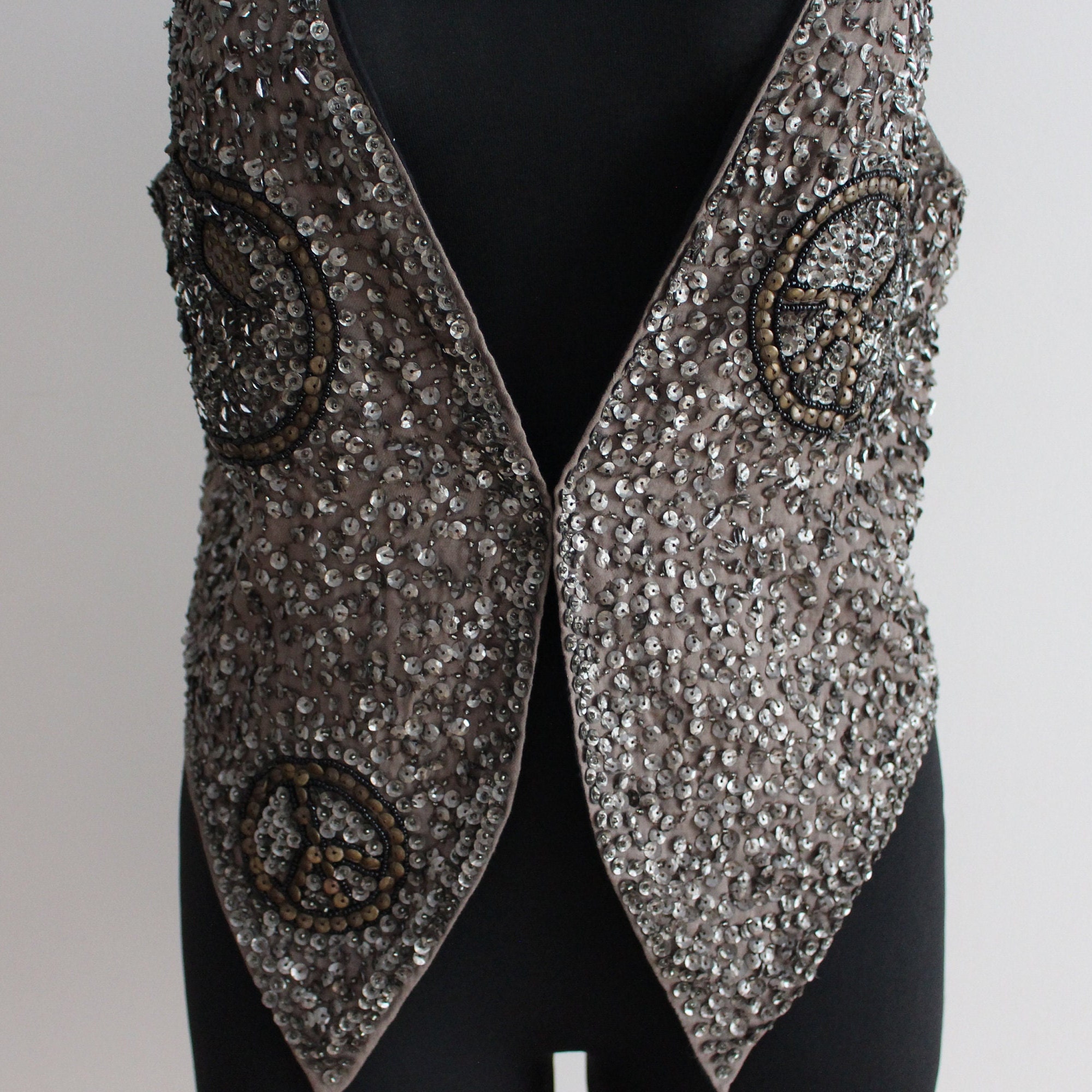 Womens Vest Sequin Vest Beaded Vest Brown Grey Waistcoat Peace Sign
