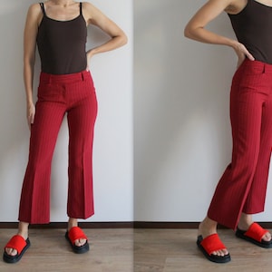 Rot gestreifte Hose Plissee Hose Damenhose Weites Bein abgeschnitten Schlaghose Formelle Hose Mid Rise Small Size