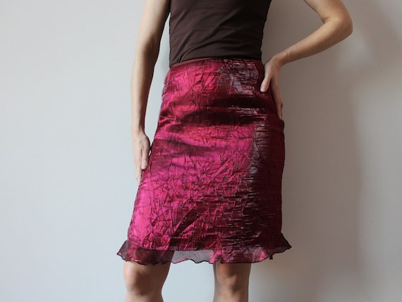 Bordeaux rode organza rok Y2K rok gekreukelde rok gegolfde rok getextureerde glanzende rok avondrok knielengte rok hoog getailleerde gevoerd Etsy Nederland