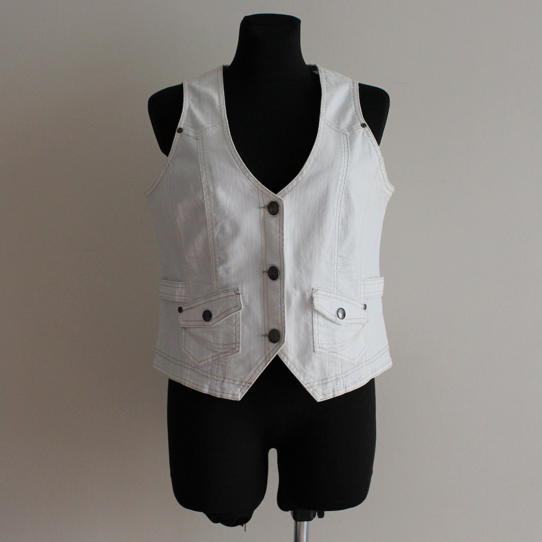 White Vest White Denim Vest Jean Vest Women's White Waistcoat Cotton