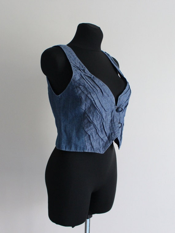 Blue Denim Vest Women's Denim Top  Crinkled Jean … - image 5