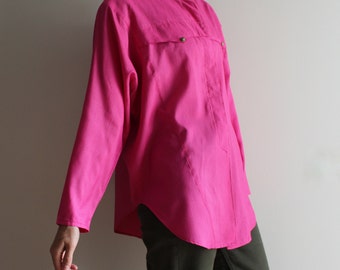 Fuchsia Blouse Women's Bright Pink Top Vintage 80's Fuchsia Shirt Women's Pink Shirt Puffy Sleeve Blouse Long Sleeve Oversized Pad Shoulder