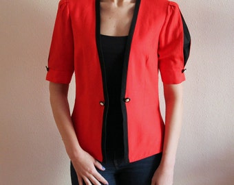 Red Blazer Vintage 80s Blazer Short Sleeves Blazer Women's Blazer Red and Black Jacket Elegant Jacket Padded Shoulders Medium Size