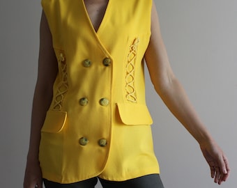 Yellow Vest Women's Yellow Vest Vintage 80s Vest Yellow Womens Waistcoat Yellow Sleeveless Jacket Double Breasted Padded Shoulder XL Size