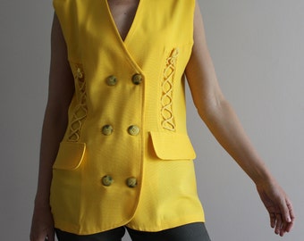 Geel hesje Dames Geel Hes geel vest vintage jaren &#39;80 Vest Geel Dames Vest Geel Mouwloos Jack Double Breasted Padded Shoulder XL Maat