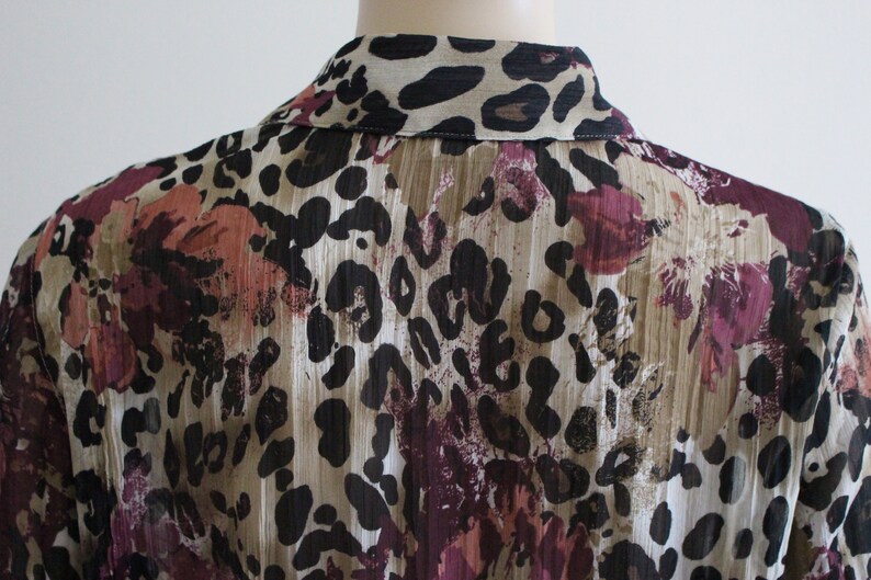 Leopard Print Blouse Womens Sheer Blouse Mixed Animal Print Floral Print Blouse See Through Crinkled Top Collared 34 Bell Sleeves Button Up