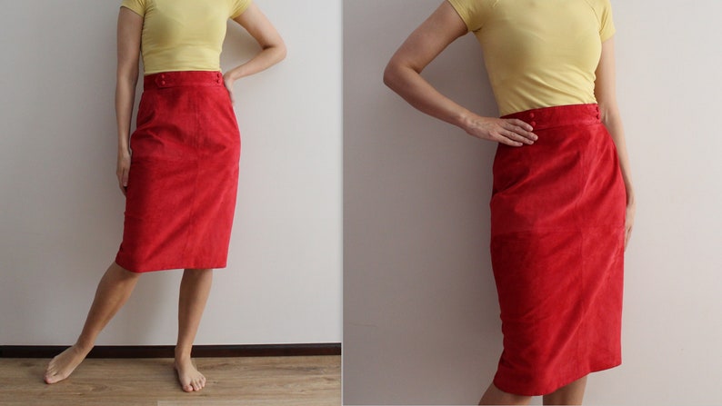 Red Leather Skirt Vintage Skirt Soft Suede Leather Skirt - Etsy