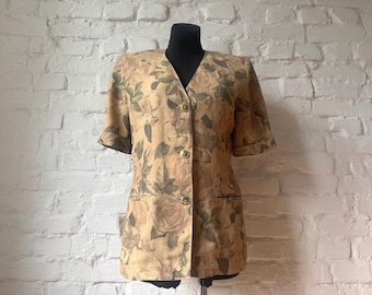 Blazer vintage hecho en Italia de mezcla de lino con estampado floral / Chaqueta con estampado de rosas beige / Chaqueta con hombreras estilo años 80