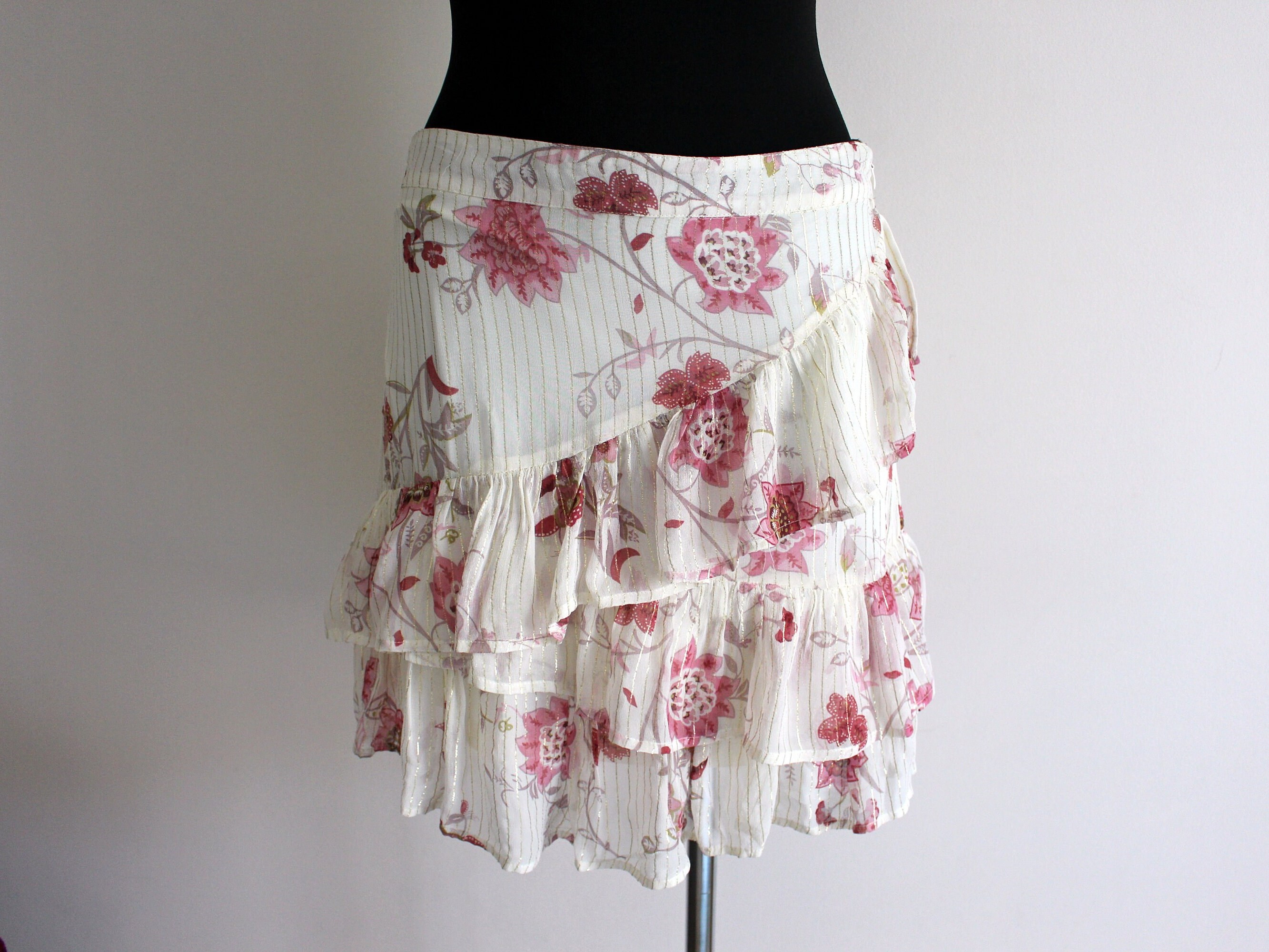 Vintage Y2K Skirt Mini Skirt Ruffled Skirt Sheer Skirt Romantic Skirt Floral Print Skirt Lurex Striped Skirt Medium Size