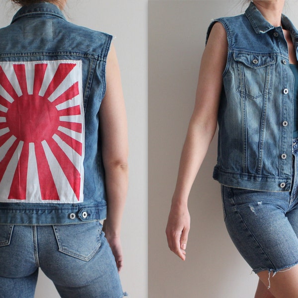 Denim Vest Blue Denim Vest Painted Rising Sun Flag Japanese Flag Kamikaze Denim Waistcoat Jean Vest Sleeveless Denim Jacket