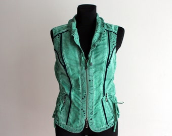 Green Vest Sleeveless Top Women's Green Top Drawstring Vest Zipper Waistcoat Y2K Top Acid Wash Top Perforated Top Medium Size