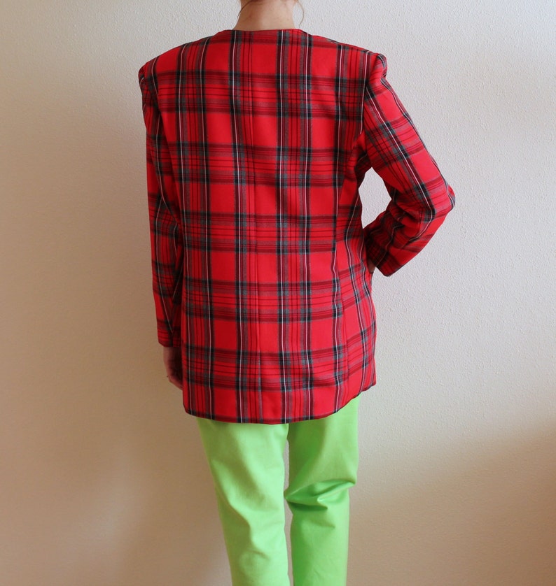 Red Tartan Blazer Checkered Blazer Womens Plaid Blazer Women's Red Jacket Vintage 80s 90s Blazer Oversized Red Coat Pad Shoulder Large Size image 4