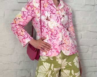 Vintage Burnout Floral Blazer, Velvet Texture Tropical Print Light Jacket, Retro 90s Pink & Orange Botanical Suit Jacket