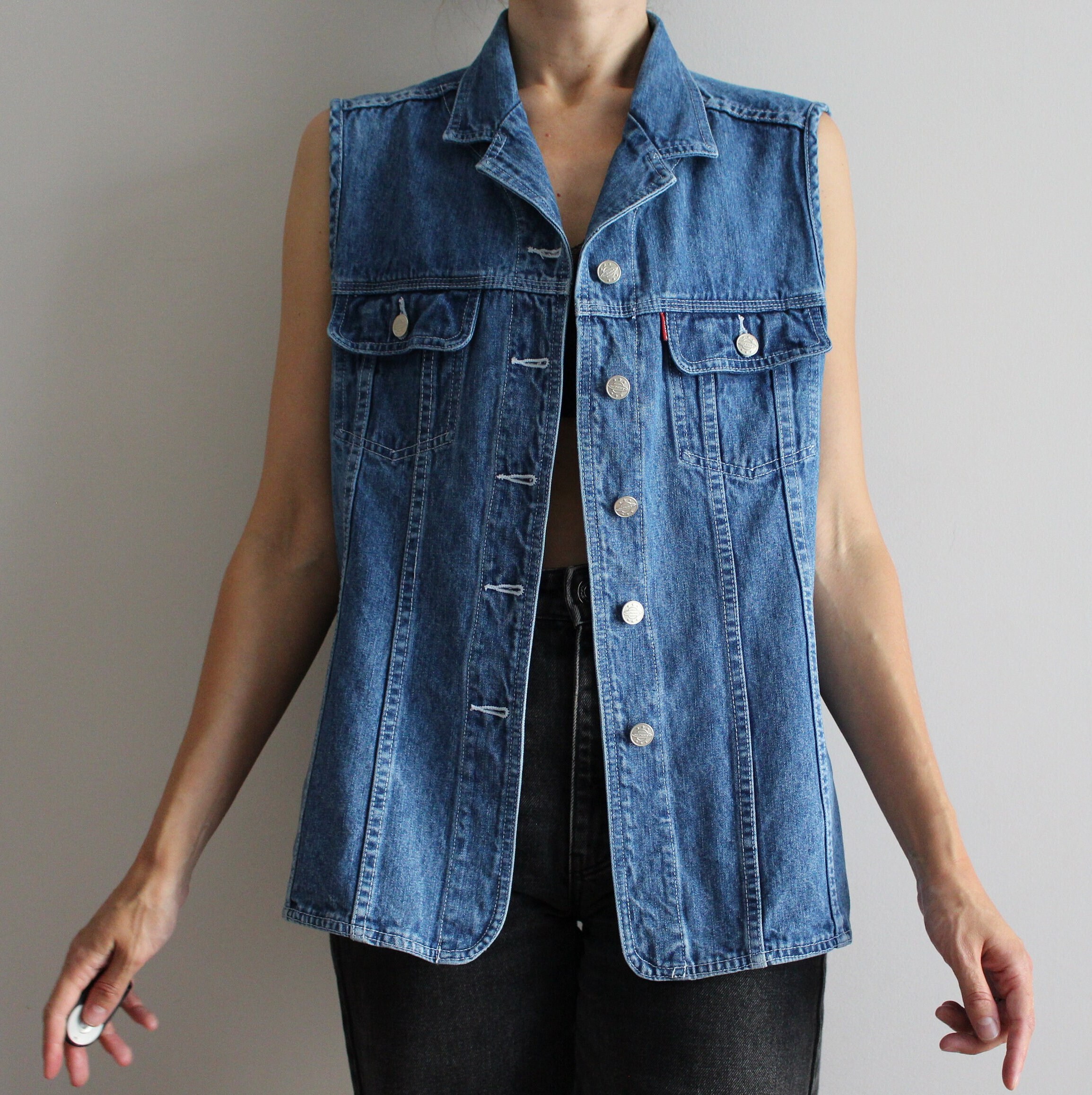 Blue Denim Vest Vintage Women's Denim Waistcoat Long Jean Vest Sleeveless Denim Shirt Gilet for