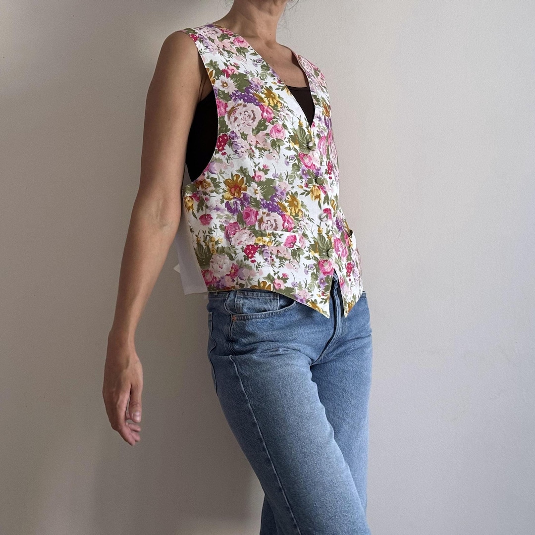 Women Summer Vintage Floral O-Neck Ramie Vest