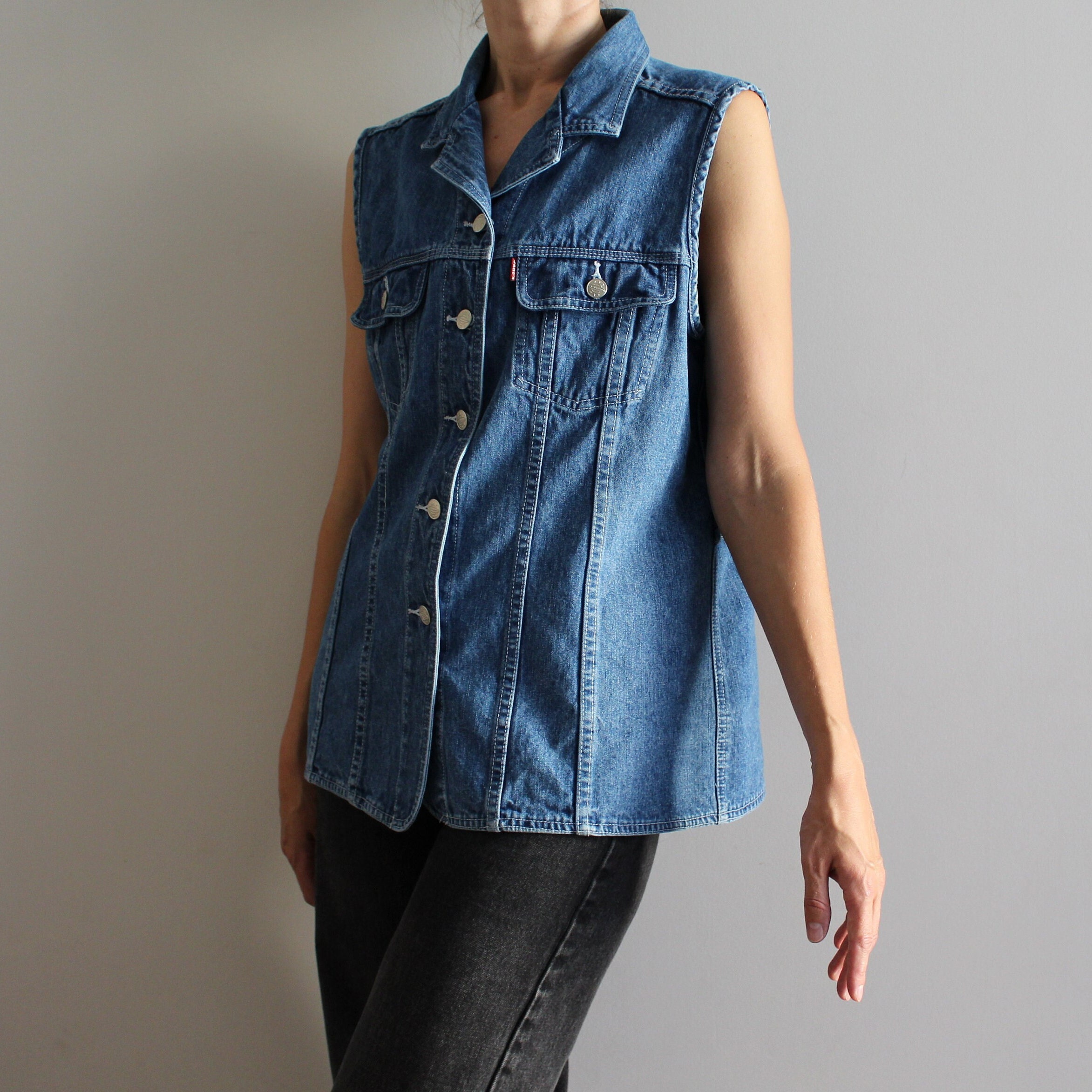Blue Denim Vest Vintage Women's Denim Waistcoat Long Jean Vest Sleeveless Denim Shirt Gilet for