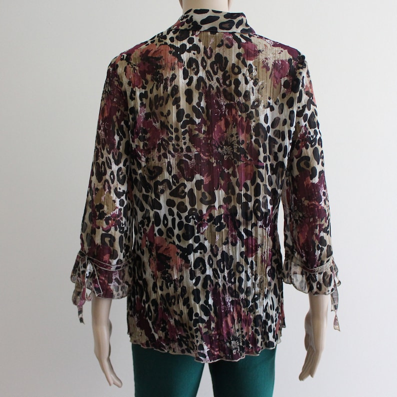 Leopard Print Blouse Womens Sheer Blouse Mixed Animal Print Floral Print Blouse See Through Crinkled Top Collared 34 Bell Sleeves Button Up