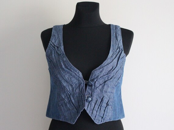 Blue Denim Vest Women's Denim Top  Crinkled Jean … - image 1