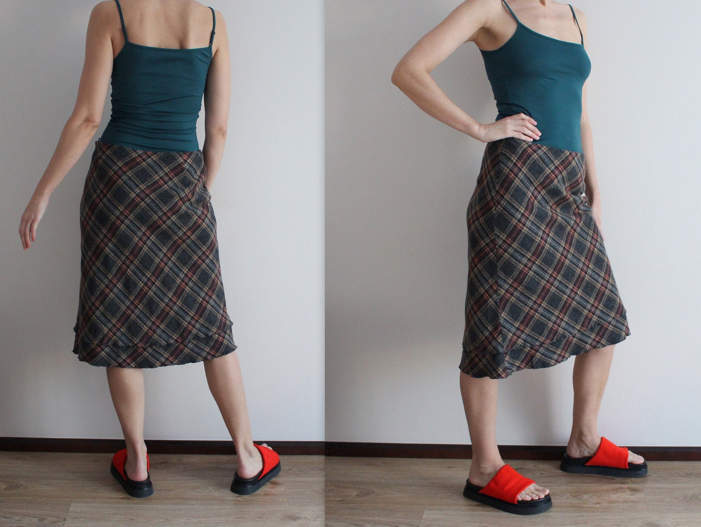 Grey Plaid Skirt Tartan Skirt Wool Blend Skirt Checkered
