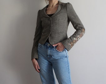 Blazer court en mélange de laine et soie Y2K Veste en laine mélangée pour femme Blazer ajusté Blazer court Blazer en tweed Veste brodée XS/S