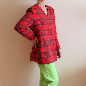 Red Tartan Blazer Checkered Blazer Womens Plaid Blazer Women's Red Jacket Vintage 80s 90s Blazer Oversized Red Coat Pad Shoulder Large Size image 2