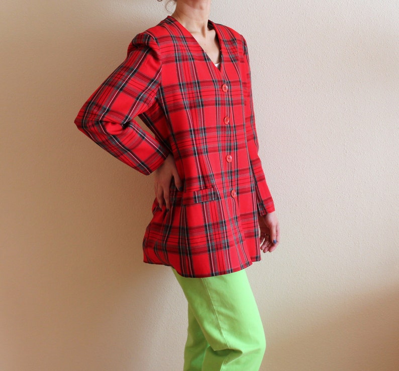 Red Tartan Blazer Checkered Blazer Womens Plaid Blazer Women's Red Jacket Vintage 80s 90s Blazer Oversized Red Coat Pad Shoulder Large Size image 2