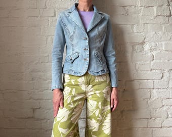 Chaqueta vaquera estilo vintage Y2K con lavado claro / Chaqueta de traje vaquera estructurada de un solo botón / Abrigo vaquero elástico estilo western boho ajustado