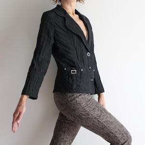 Black Taffeta Jacket Women's Black Blazer Pleated Fabric Crinkled Jacket Textured Jacket  Collared Jacket Pad Shoulder Lightweight Unlined