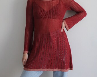 Knitted Dress Red Dress Crochet Dress See Through Dress Tunic Dress Summer Dress Beach Dress Boho Hippie Medium Size