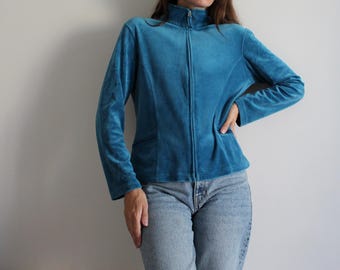 Teal Velvet Zip-Up Jacket - Soft Velour Stand Collar Outerwear Cozy Jacket