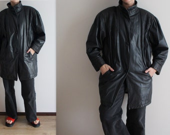 Black Leather Jacket Vintage 80’s Leather Coat Women's Leather Coat Real Leather Jacket Oversize Leather Jacket Reptile Pattern Pad Shoulder