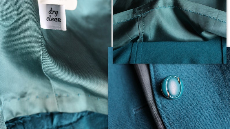 May include: Teal blue blazer with a single button closure and a satin lining. The label says "dry clean".